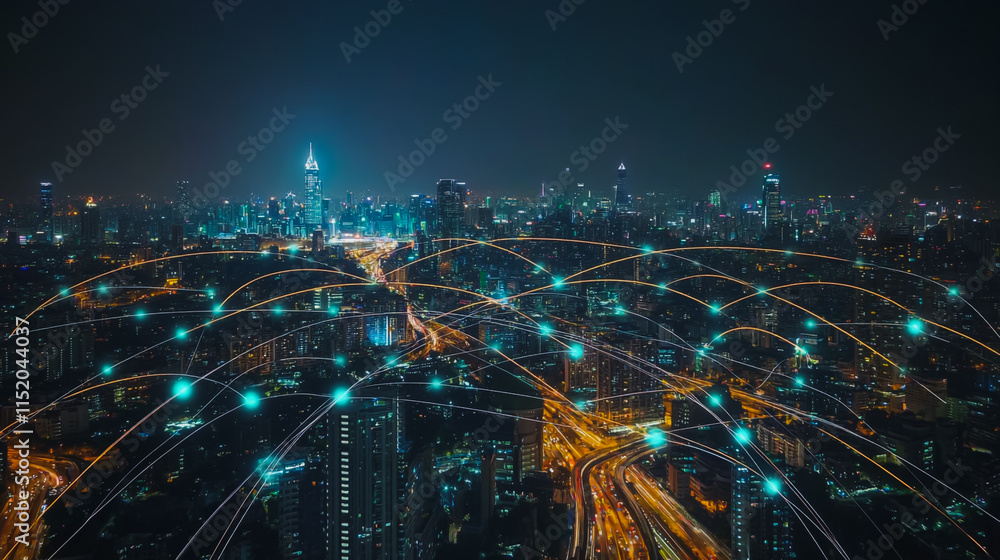 Fototapeta premium Smart digital city with connection cyber security network reciprocity over the cityscape . future smart wireless digital city and social media networking systems that connects people within the city