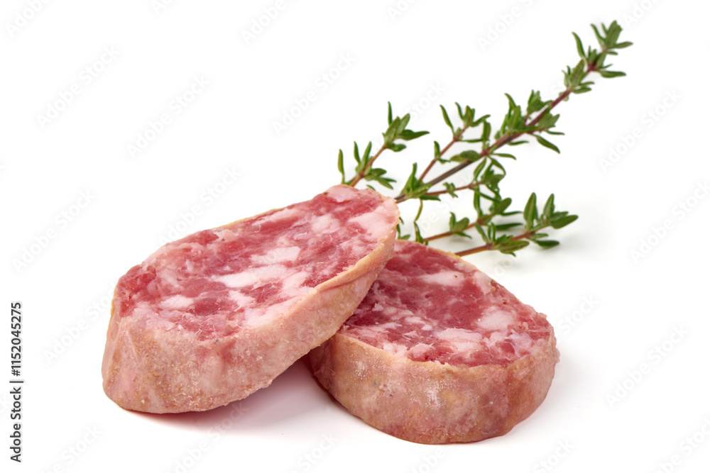 Dry-cured sausage, isolated on white background. Dry-cured sausage, isolated on white background.