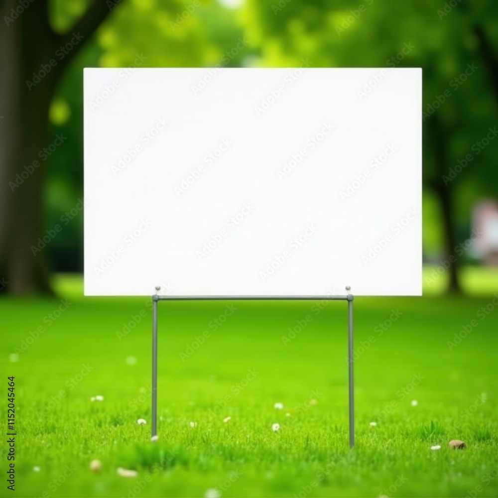 Blank white yard sign in green grass, soft focus background, advertising, color Blank white yard sign in green grass, soft focus background, advertising, color