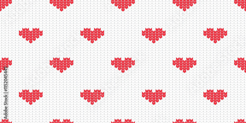 Beautiful seamless pattern with knitted texture. Red hearts on a white background. Print, vector illustration