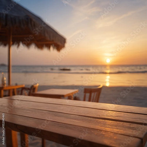 Golden Sunset Beach Wooden Table Chairs Tropical Vibe photo