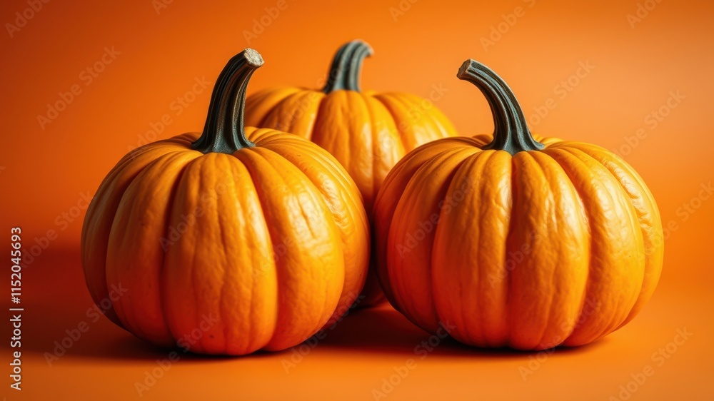Three vibrant pumpkins arranged on a warm orange background, their smooth skin reflecting the autumnal light. Three vibrant pumpkins arranged on a warm orange background, their smooth skin reflecting the autumnal light.