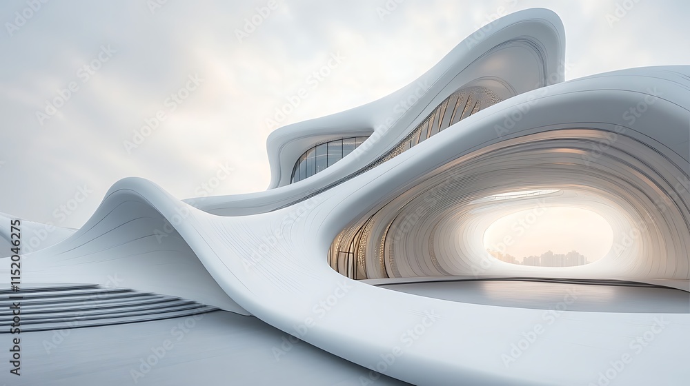 White background with a large curved white architecture