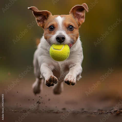 A joyful Jack Russell Terrier running energetically while carrying a tennis ball in its mouth. photo