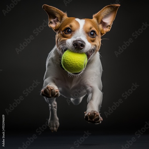 A joyful Jack Russell Terrier running energetically while carrying a tennis ball in its mouth. photo