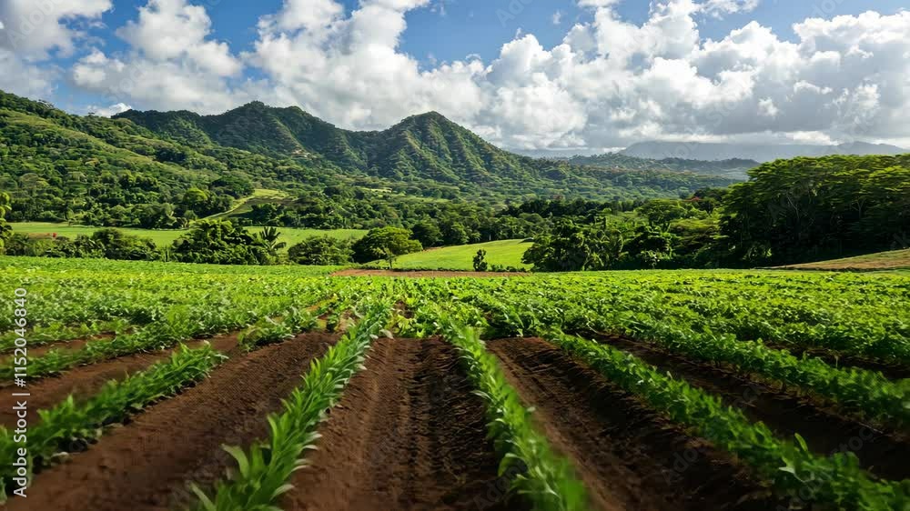 Lush Green Agricultural Landscape with Mountainous Background and Blue Sky Lush Green Agricultural Landscape with Mountainous Background and Blue Sky