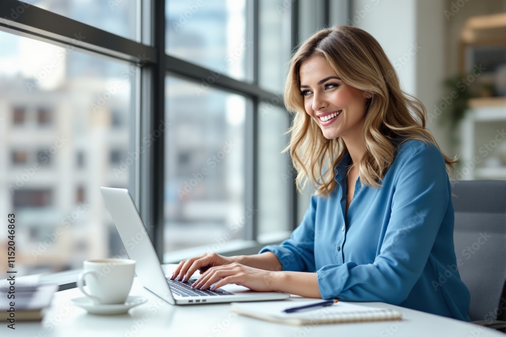 Businesswoman working on laptop in modern office with bright background. Businesswoman working on laptop in modern office with bright background.