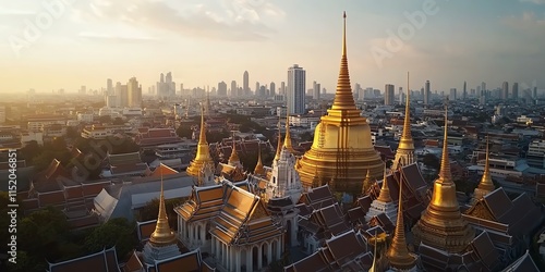 Golden temple spires rise above cityscape during sunset, blending tradition with modern skyline. photo