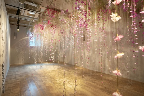 An artistic display of an empty room with threads adorned with hanging flowers such as jasmine, lilac, and cherry blossoms, filling the space with their sweet fragrance