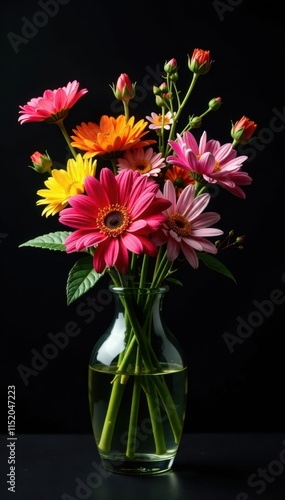 Wallpaper Mural Colorful flower arrangement, dramatic black background Glass vase, sharp focus , bouquet, resource Torontodigital.ca