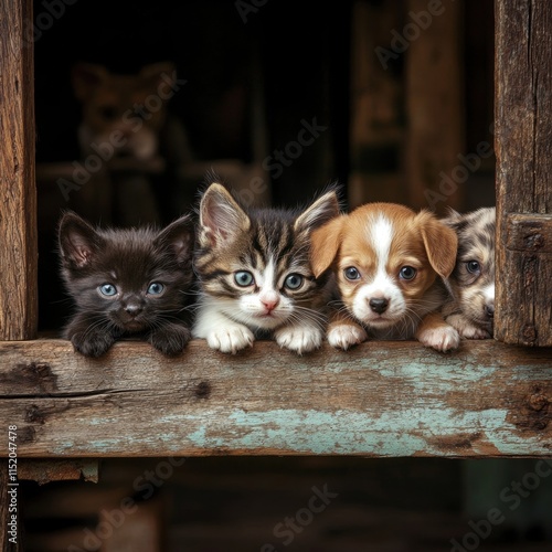 A kitten and a group of playful puppies peek out from behind a wooden table. photo