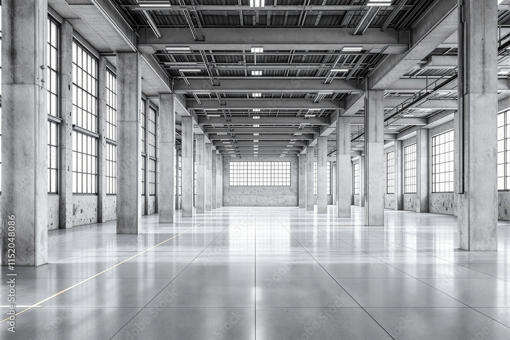 Spacious industrial building interior with concrete columns and polished floor tiles. Spacious industrial building interior with concrete columns and polished floor tiles.