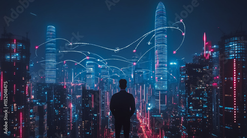Wallpaper Mural Abstract businessman stands on the peak of success Smart digital city with connection cyber security network reciprocity over the cityscape future wireless digital city and social media networking Torontodigital.ca