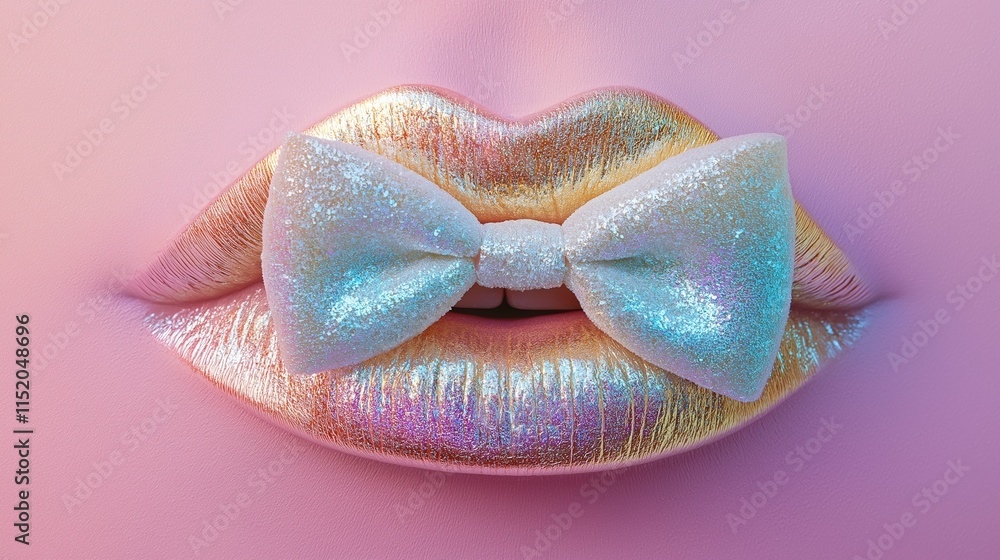 Iridescent golden lips holding an iridescent white bowtie on a pastel pink background. Full lips, Fashion, make up, beauty world concept.