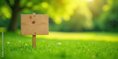 Blank wooden yard sign on lush grass, blurred natural backdrop, blurred, announcement photo