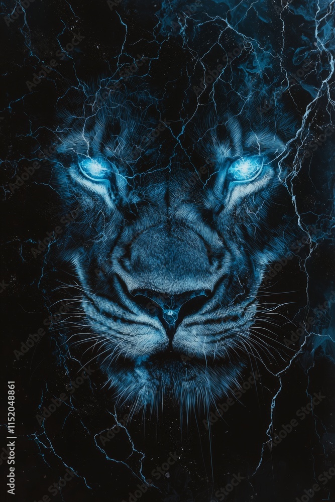 Majestic Lion Face with Blue Lightning Effects and Glow Majestic Lion Face with Blue Lightning Effects and Glow