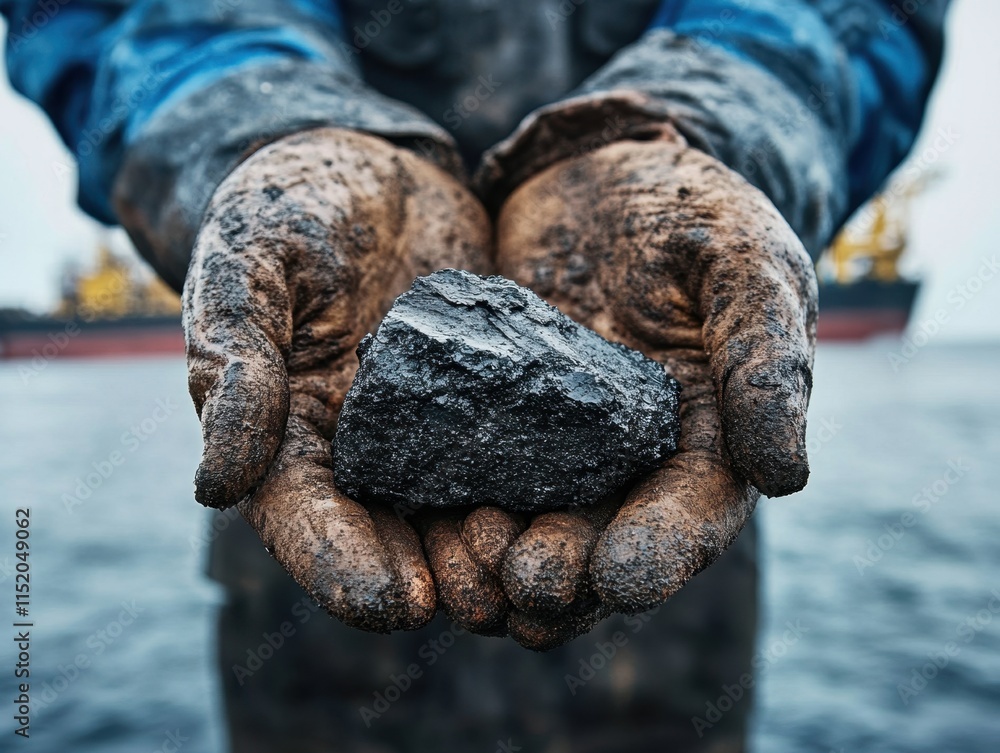 Close-up of a rough hand holding coal with an offshore oil rig in a blurred background, representing labor in the energy industry. Close-up of a rough hand holding coal with an offshore oil rig in a blurred background, representing labor in the energy industry.
