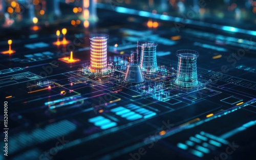 Close-up of a sophisticated financial dashboard tracking nuclear energy sector investments, with glowing digital interfaces