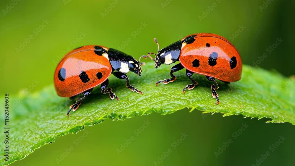 Close-up of Two Vibrant Ladybugs on a Green Leaf in Natural Environment Close-up of Two Vibrant Ladybugs on a Green Leaf in Natural Environment