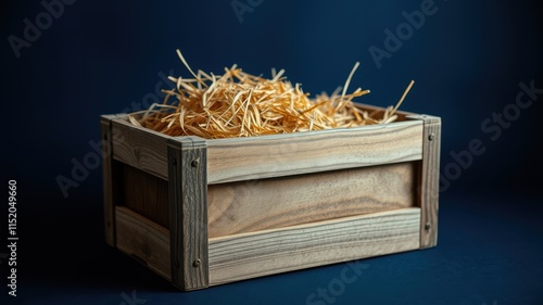 A rustic wooden crate filled with straw, set against a deep blue backdrop, evokes a sense of simple country charm. photo