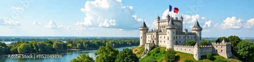 Vincennes Castle, French flag waving, bright sky , photography, landmark