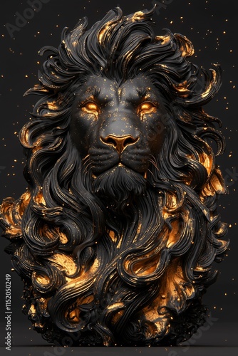 Majestic black lion sculpture with golden accents and details photo