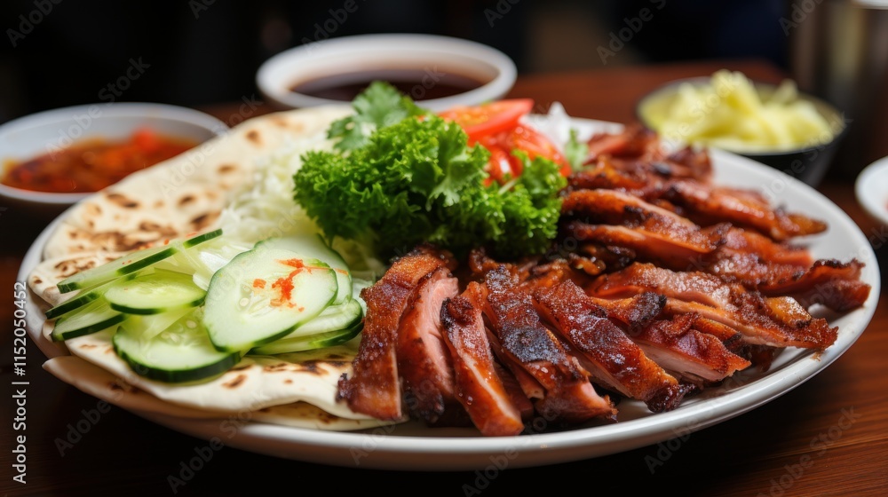 Delicious Peking Duck with Pancakes, Cucumber, and Sauce Delicious Peking Duck with Pancakes, Cucumber, and Sauce