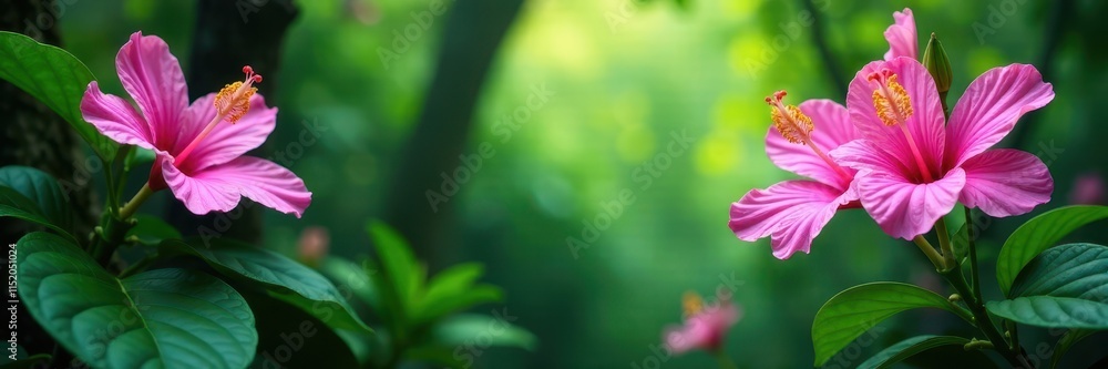 Lush green canopy, vibrant orchids & hibiscus bloom , bloom, background Lush green canopy, vibrant orchids & hibiscus bloom , bloom, background