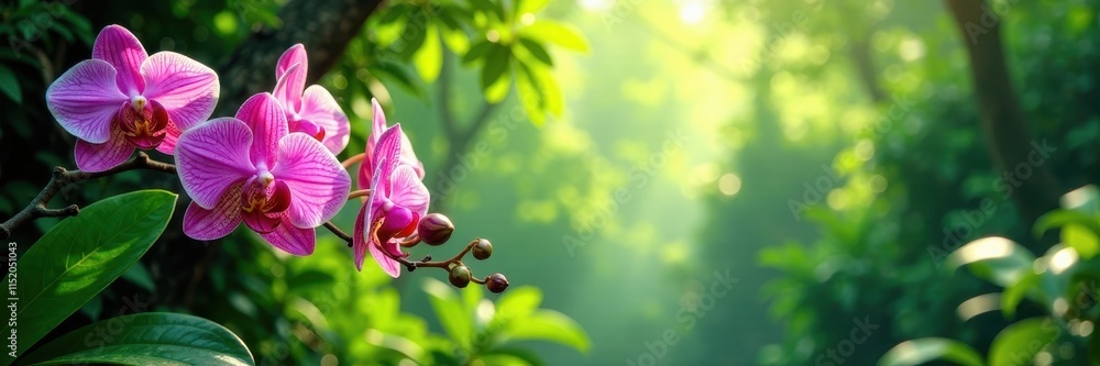Lush green canopy, vibrant orchids, sunlight dappling leaves, wildlife, vibrant Lush green canopy, vibrant orchids, sunlight dappling leaves, wildlife, vibrant