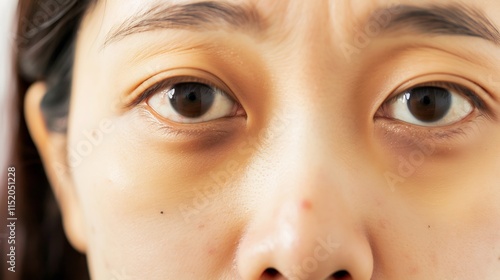 Asian woman highlight dark circle under her eye indicating toll of sleep deprivation worry Her tired appearance reveals impact of sleeplessness undereye bag emotional strain evident reflecting life