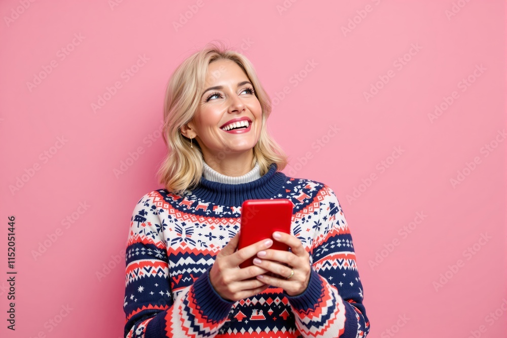 Woman in festive sweater holding smartphone on pink background, smiling brightly. Woman in festive sweater holding smartphone on pink background, smiling brightly.