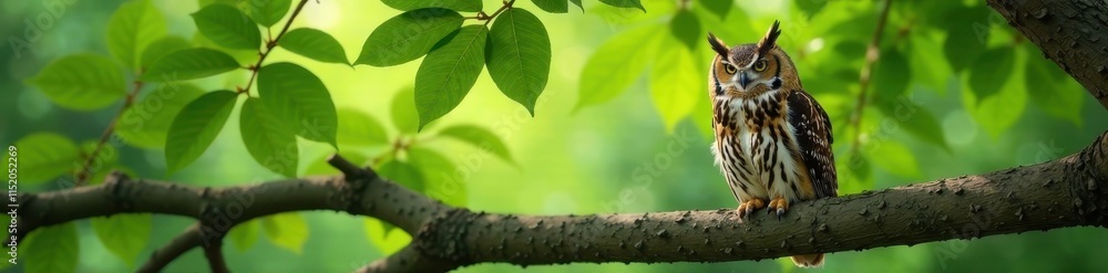 Content owl rests on sturdy oak branch, lush green canopy above, beak, summer Content owl rests on sturdy oak branch, lush green canopy above, beak, summer