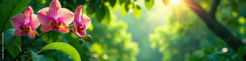 Obraz premium Lush green canopy, vibrant orchids, sunlight dappling through leaves, summer, natural