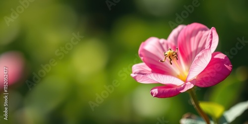 A single pink flower blooms against a blurred green background, capturing the delicate beauty of nature's artistry.