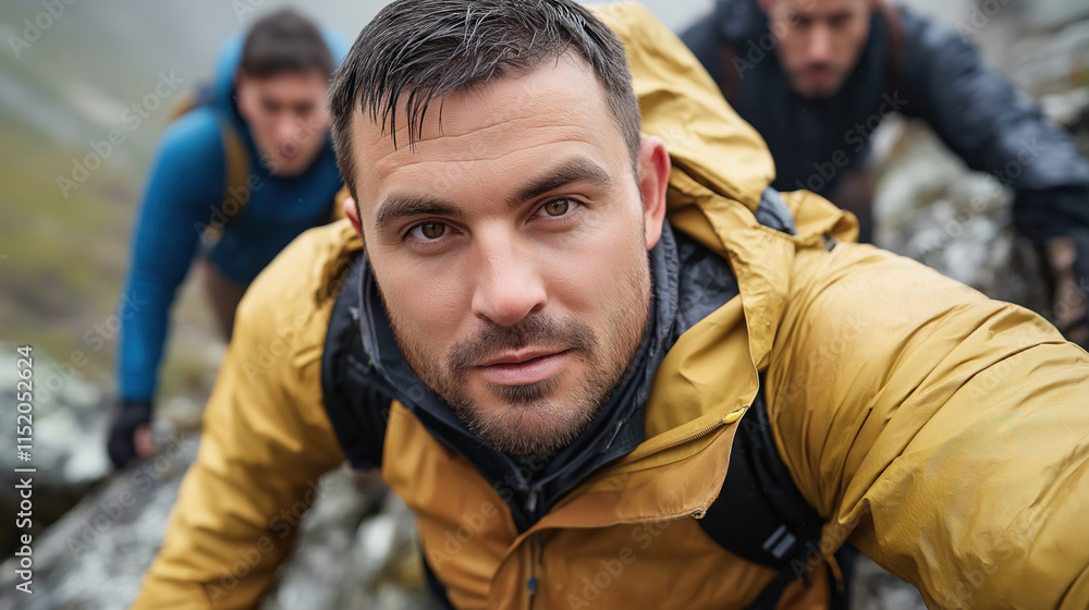 Man in yellow jacket with climbing group on mountain trail. Adventure tourism advertising Man in yellow jacket with climbing group on mountain trail. Adventure tourism advertising