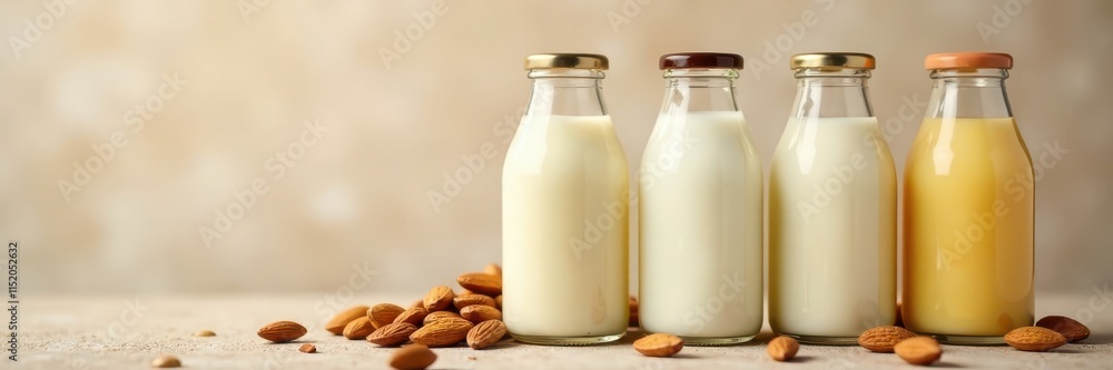 Glass bottles of various plant milks; focus on almond milk , food photography, plant milk Glass bottles of various plant milks; focus on almond milk , food photography, plant milk