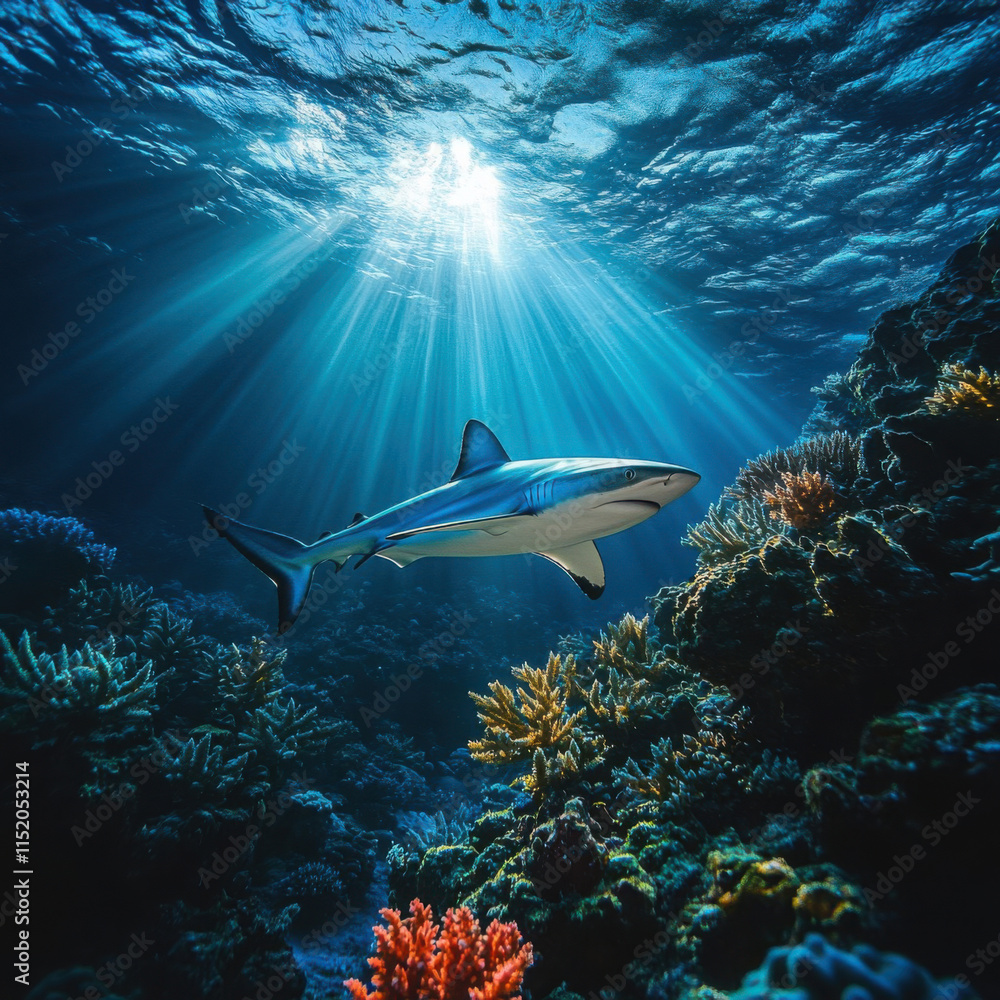 Fototapeta premium Majestic Shark Swimming Gracefully Through Vibrant Coral Reef with Sunlight Streaming Down in Clear Blue Water, Creating a Serene Underwater Atmosphere