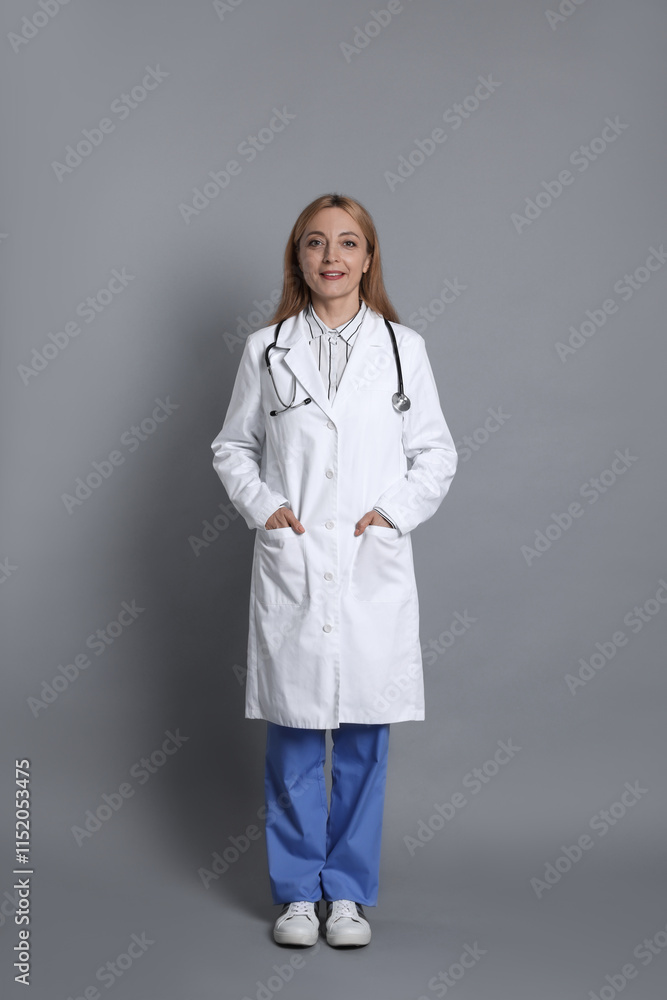 Smiling doctor with stethoscope on gray background Smiling doctor with stethoscope on gray background