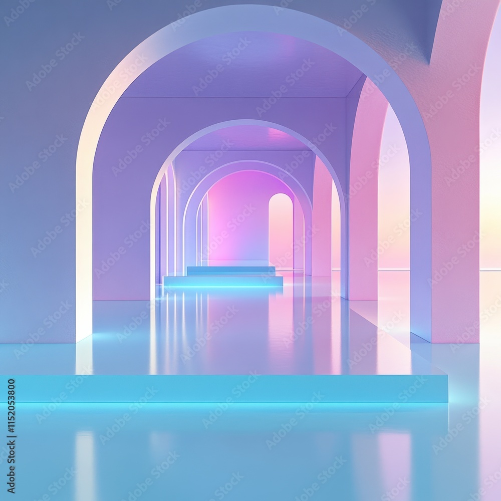 Fototapeta premium A minimalist abstract 3D render of a modern interior featuring blue and pink gradient lighting.