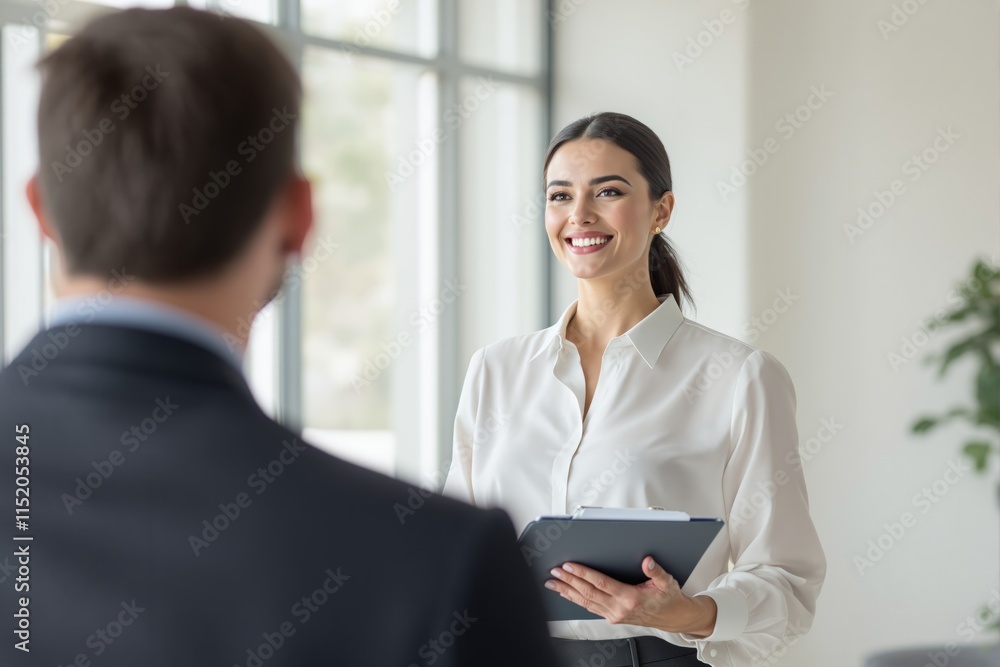 Businesswoman smiling while holding a clipboard during a professional meeting in a modern office space.