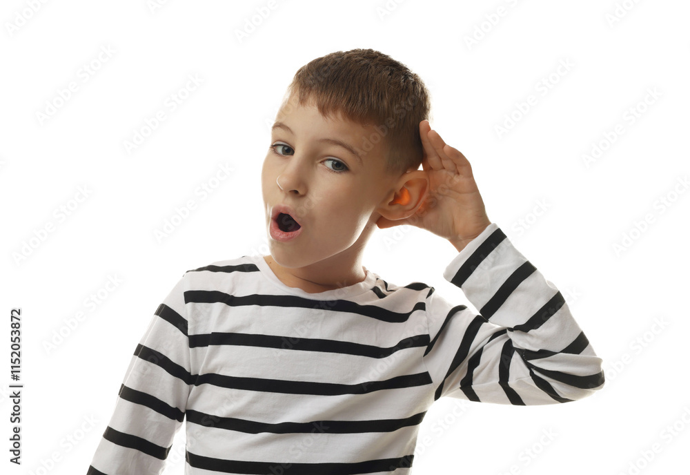 Little boy showing hand to ear gesture on white background Little boy showing hand to ear gesture on white background