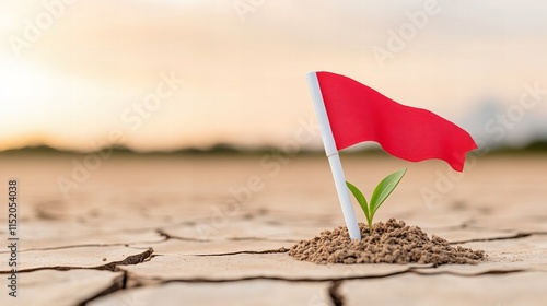 Small green plant on cracked soil with red flag symbolizing environmental conservation