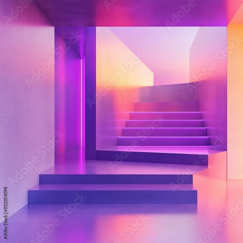 A minimalist abstract interior featuring pink and purple gradient lighting, showcasing a modern geometric room design. photo