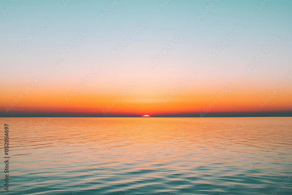 Fototapeta premium Scenic Gradient Sunset Sky: Deep Orange to Light Blue with Calm Water Reflection and a Clear Horizon