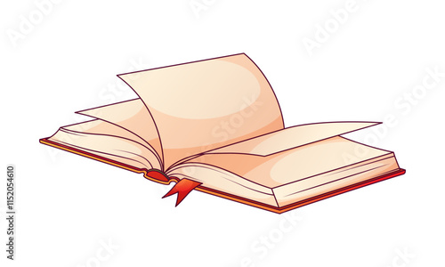 Vector illustration of open book with bookmark isolated on white background. Book lover, bookstore, library, cozy home concept.