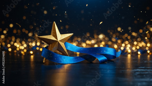 Golden star with golden on dark blue background with lighting effect and sparkle. Luxury template celebration award design. Vector illustration