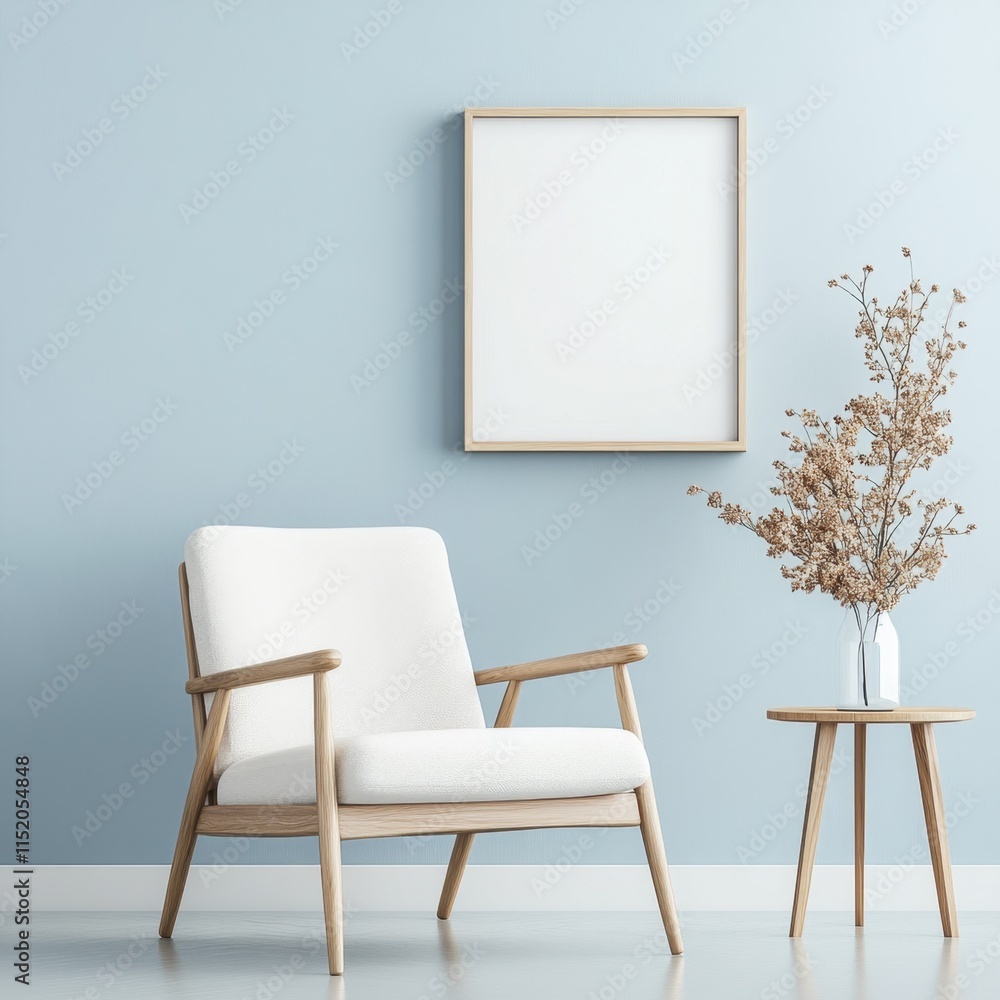 A minimalist interior scene featuring a cozy white armchair with wooden accents, positioned next to a blank picture frame on a light blue wall. A minimalist interior scene featuring a cozy white armchair with wooden accents, positioned next to a blank picture frame on a light blue wall.