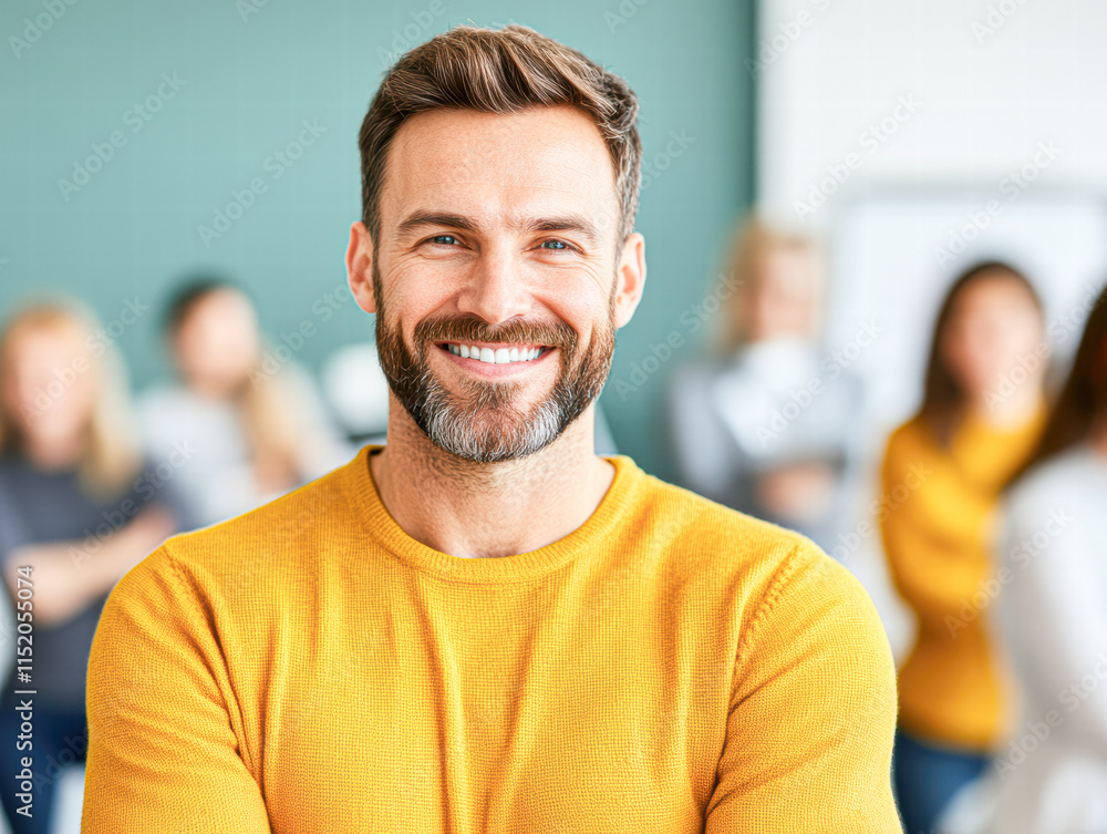 Confident businessman smiling in office team collaboration professional environment positive vibes Confident businessman smiling in office team collaboration professional environment positive vibes