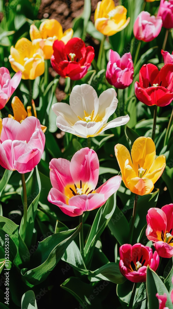 Vibrant tulips in various colors bloom beautifully in garden setting Vibrant tulips in various colors bloom beautifully in garden setting
