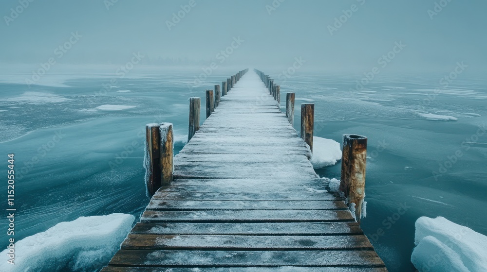 Fototapeta premium A serene wooden pier extends into a frozen lake, surrounded by icy waters and mist.